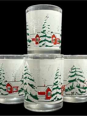 Vintage 1970s Nadir Figueirdo Brazil Shot Glass Set (4) Winter Red Cabin Scene